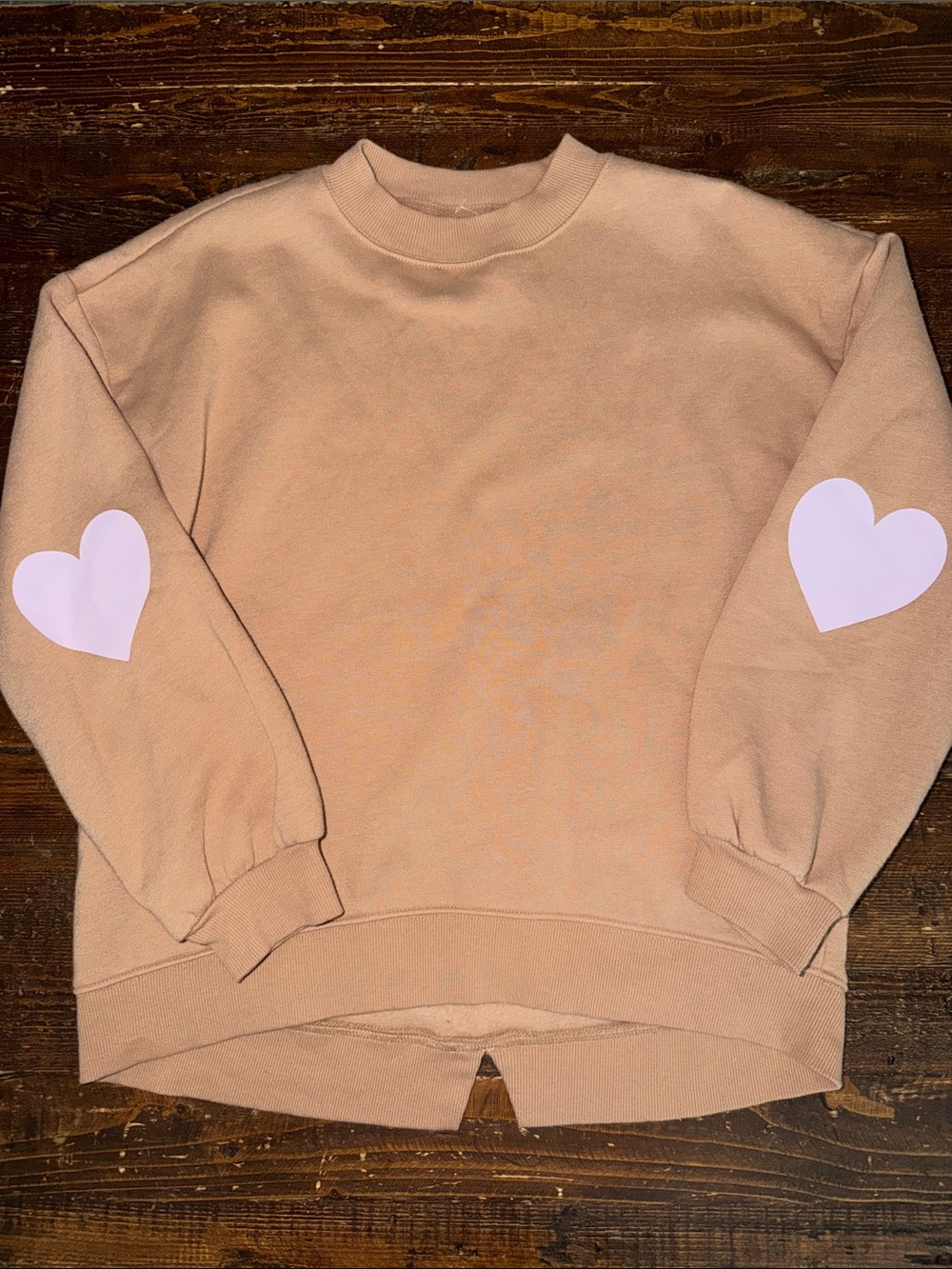 Girls Crewneck tan Sweatshirt with Elbow Heart Details